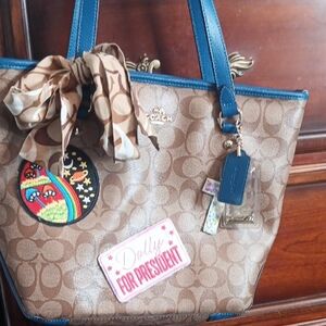 Coach Signature  Reworked Brown and Blue Tote with Patches. VERY CUTE